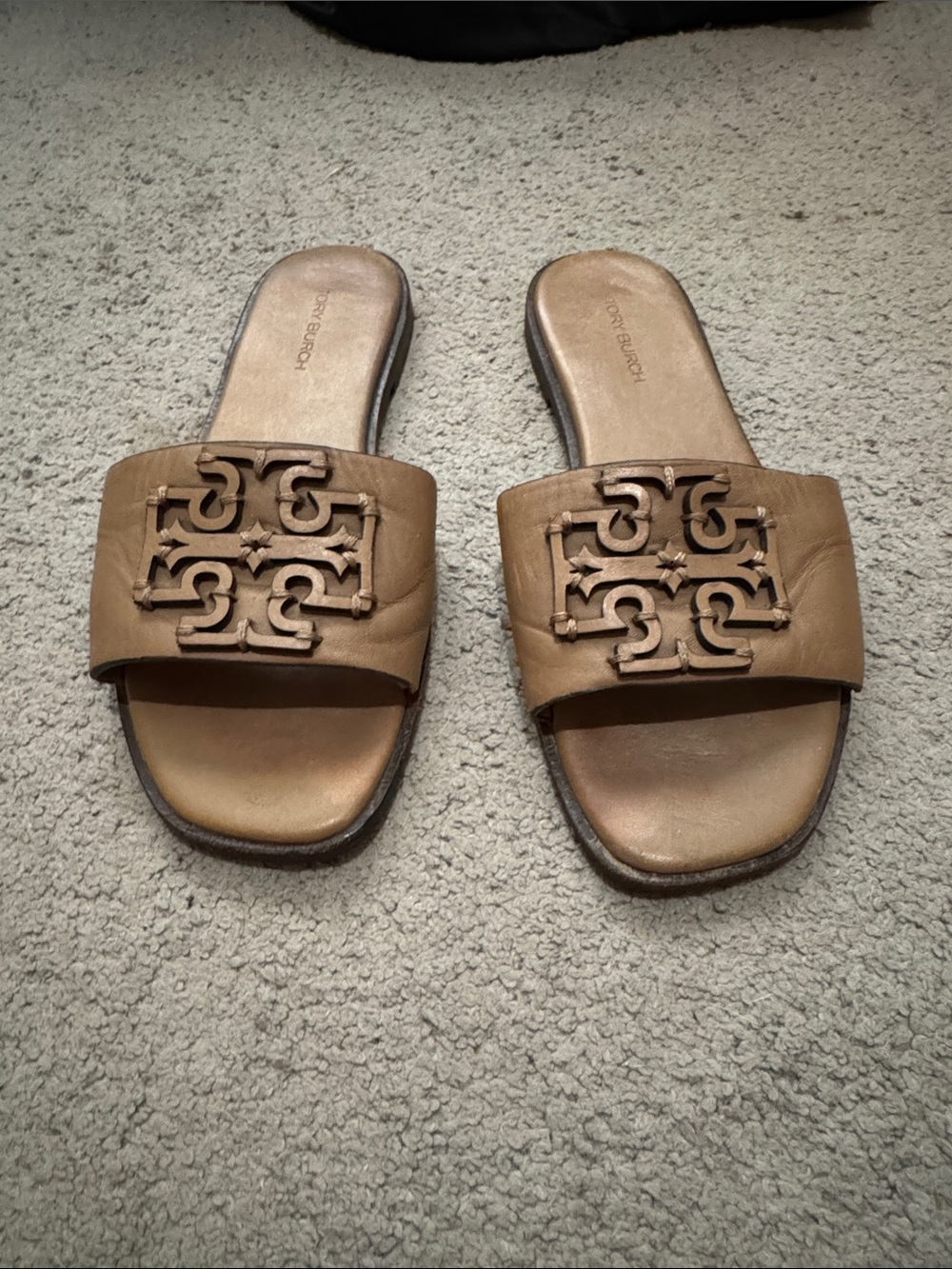 Tory Burch Tan Leather Logo Slide Sandals